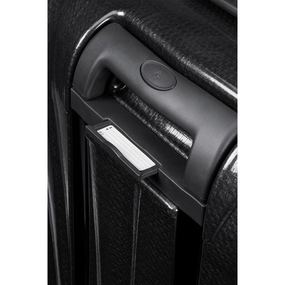 Close-Up Image of Black Samsonite C-Lite Spinner Carry-On Luggage with Address Tag image number 6